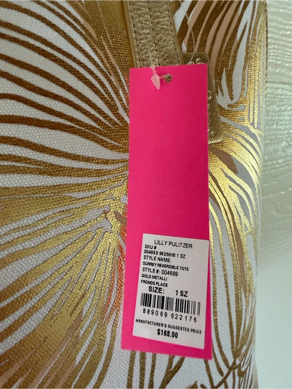 Lilly Pulitzer Surrey Reversible Tote Gold Metallic Fronds Place NWT